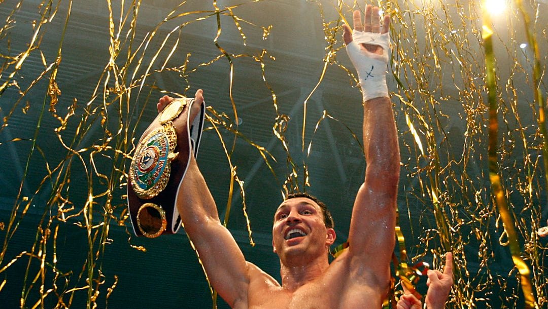 FILE - In this March 20, 2010 file photo, Ukrainian champion Wladimir Klitschko reacts after winning the IBF, WBO and IBO heavyweight boxing title match.