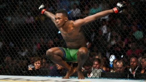 Israel Adesanya prepares to fight Jared Cannonier in a middleweight title bout during the UFC 276 mixed martial arts event.