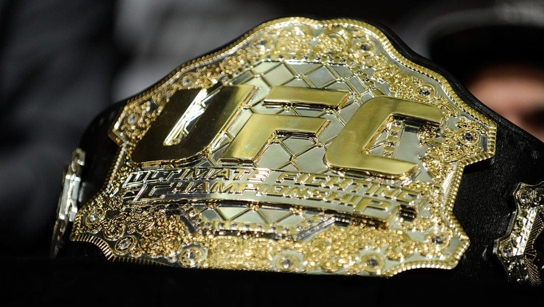 The UFC Championship belt is displayed during the news conference after the UFC 162 mixed martial arts bouts.
