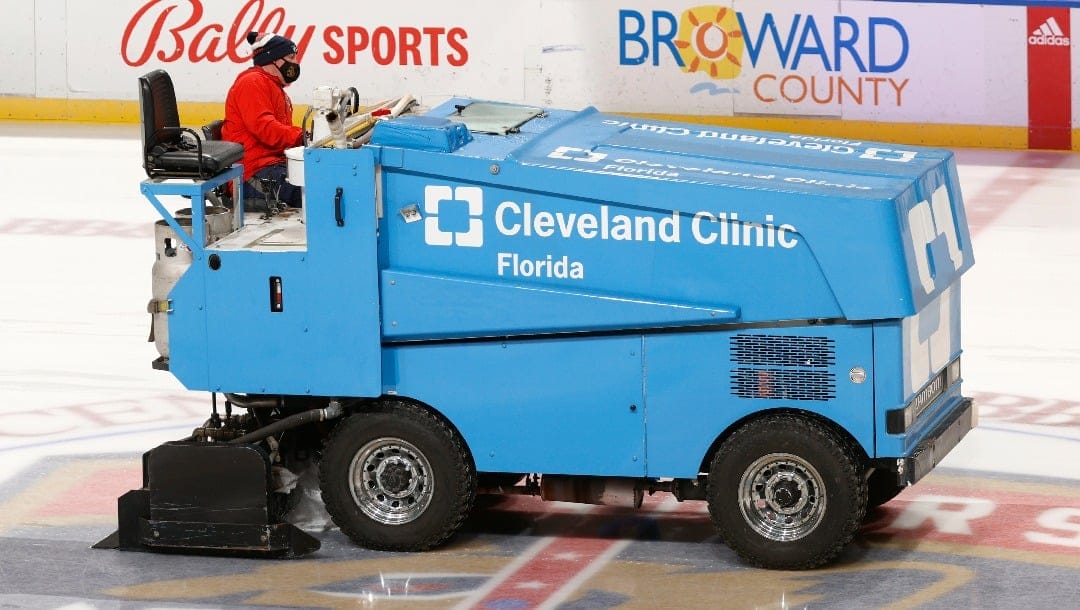 A Zamboni ice resurfacing machine prepares the ice prior to an NHL hockey game between the Dallas Stars and the Florida Panthers, Monday, May 3, 2021, in Sunrise, Fla. (AP Photo/Joel Auerbach)