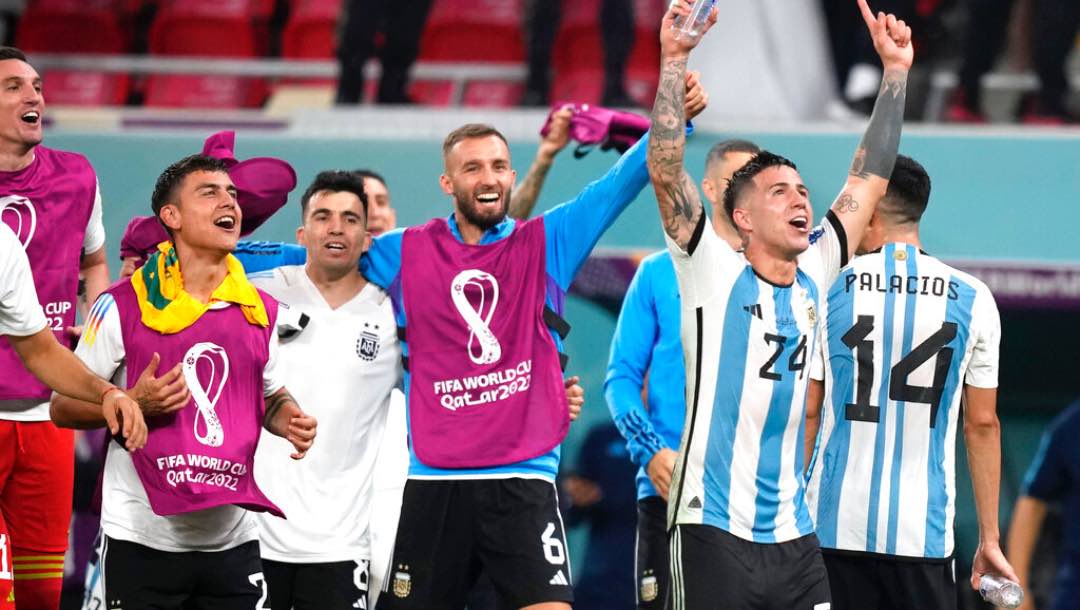 Argentina's players celebrate after the World Cup round of 16 soccer match between Argentina and Australia at the Ahmad Bin Ali Stadium in Doha, Qatar, Saturday, Dec. 3, 2022.