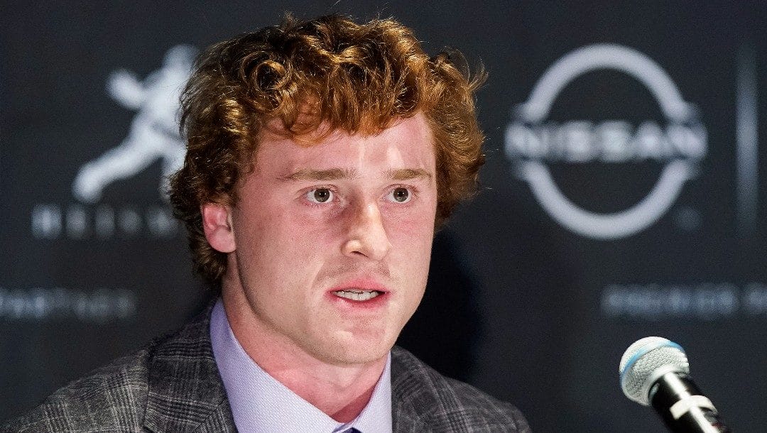 Heisman trophy finalist and TCU quarterback Max Duggan speaks during a news conference before attending the award ceremony Saturday, Dec. 10, 2022, in New York.