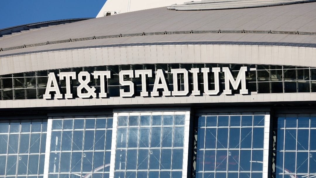 An exterior view of AT&T Stadium before a NFL football game between the Washington Commanders and Dallas Cowboys in Arlington, Texas, Sunday, Oct. 2, 2022.