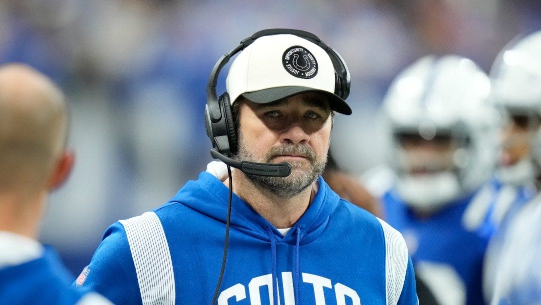 Indianapolis Colts interim head coach Jeff Saturday watches during the first half of an NFL football game against the Los Angeles Chargers, Monday, Dec. 26, 2022, in Indianapolis.