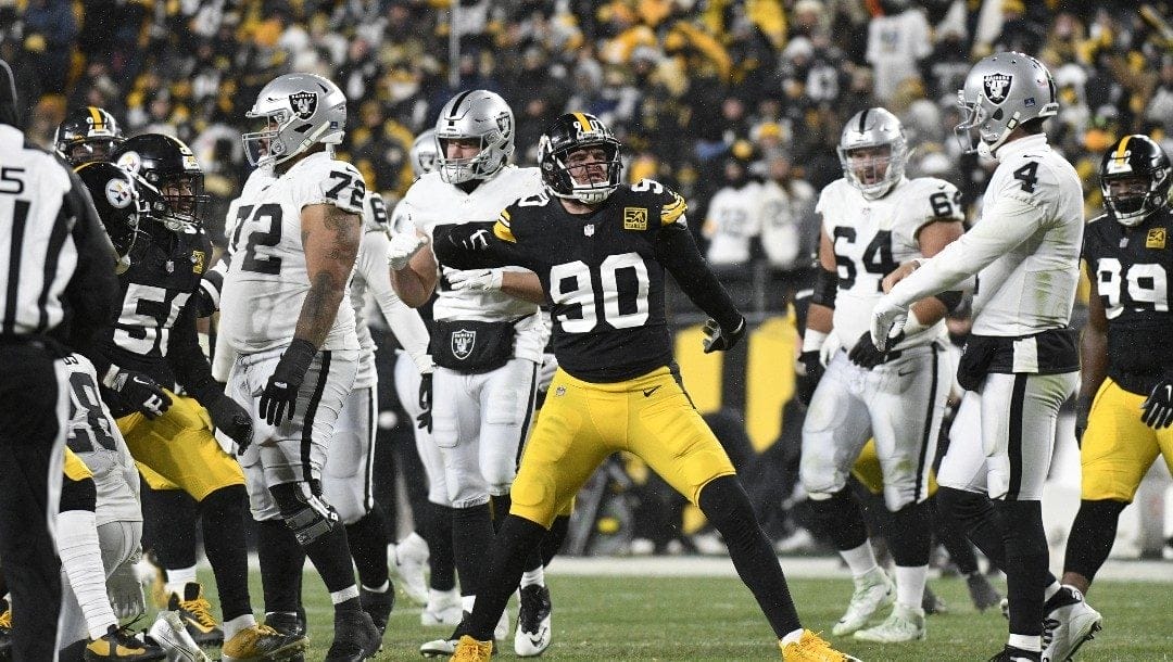 Pittsburgh Steelers linebacker T.J. Watt (90) celebrates a tackle during the second half of an NFL football game against the Las Vegas Raiders in Pittsburgh, Saturday, Dec. 24, 2022.