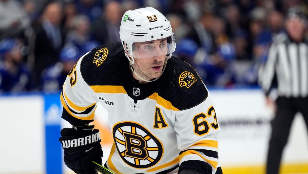 Boston Bruins left wing Brad Marchand (63) against the Tampa Bay Lightning during the third period of an NHL hockey game Monday, Nov. 21, 2022, in Tampa, Fla.