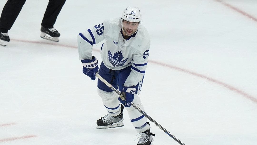 Toronto Maple Leafs defenseman Mark Giordano (55) in the third period of an NHL hockey game against the Boston Bruins, Thursday, April 6, 2023, in Boston.