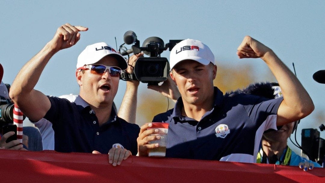 United States' Zach Johnson and United States' Jordan Spieth celebrate after the United States team won the Ryder Cup golf tournament Sunday, Oct. 2, 2016, at Hazeltine National Golf Club in Chaska, Minn.