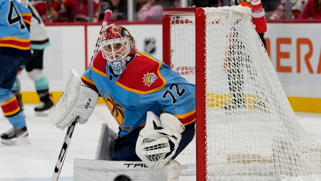 Florida Panthers goaltender Sergei Bobrovsky (72) defends the goal during the first period of an NHL hockey game against the Seattle Kraken, Sunday, Dec. 11, 2022, in Sunrise, Fla. (AP Photo/Lynne Sladky)