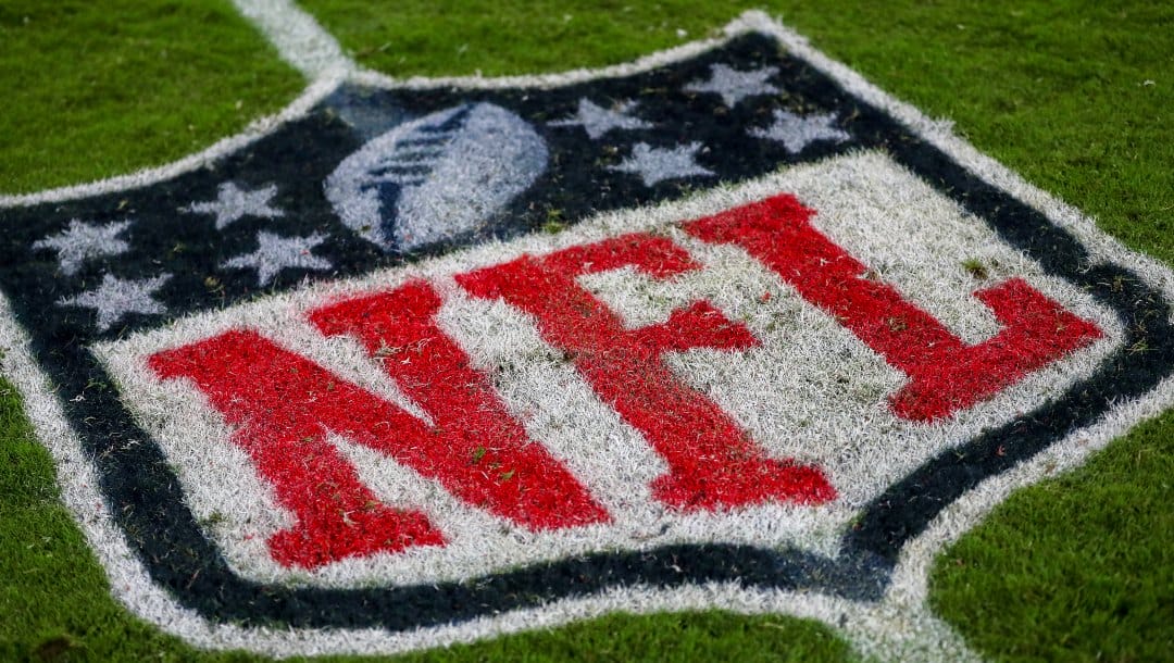 The NFL logo is seen painted on the field during a NFL football game between the Baltimore Ravens and Tampa Bay Buccaneers,Thursday, Oct. 27, 2022 in Tampa, Fla. (AP Photo/Alex Menendez)