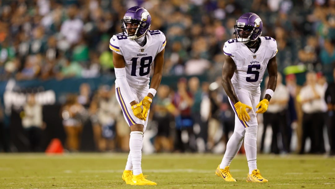 Minnesota Vikings wide receiver's Justin Jefferson (18) and Jalen Reagor (5) line up for the snap during an NFL football game against the Philadelphia Eagles on Monday, September 19, 2022, in Philadelphia. (AP Photo/Matt Patterson)
