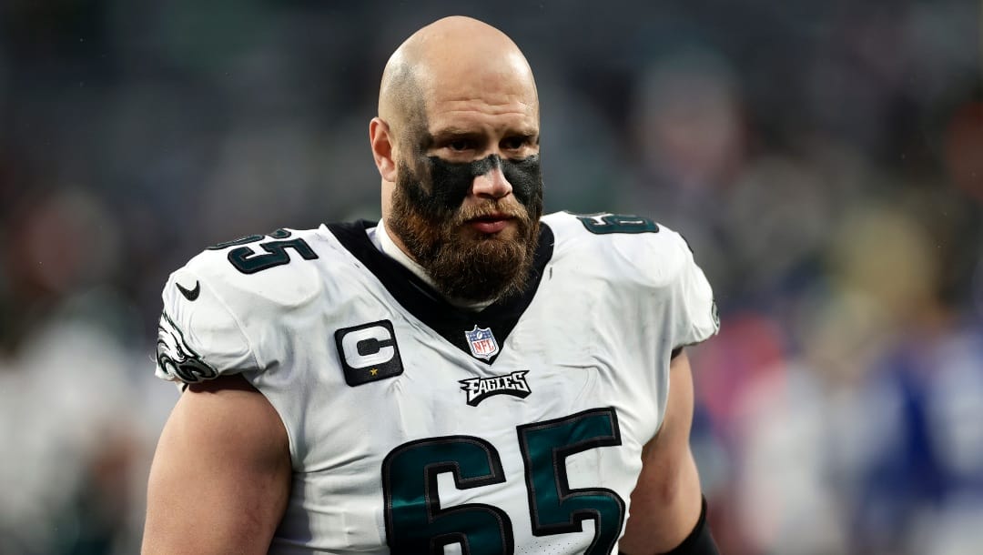 Philadelphia Eagles offensive tackle Lane Johnson (65) walks off the field against the New York Giants during an NFL football game Sunday, Dec. 11, 2022, in East Rutherford, N.J. (AP Photo/Adam Hunger)