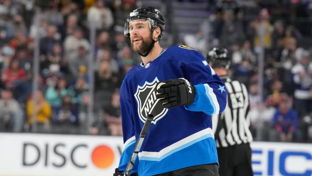 Las Vegas Knights' Alex Pietrangelo during the NHL All-Star hockey game, Saturday, Feb. 5, 2022, in Las Vegas. (AP Photo/Rick Scuteri)