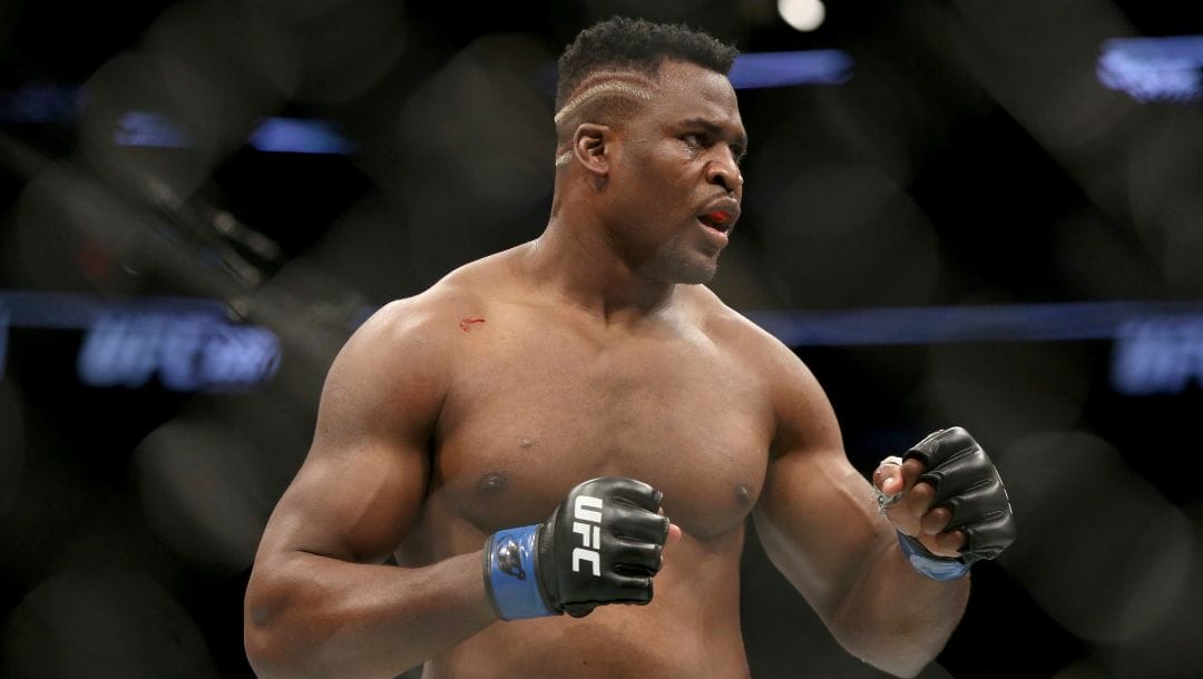 FILE - Francis Ngannou is shown during a heavyweight championship mixed martial arts bout against Stipe Miocic at UFC 220.