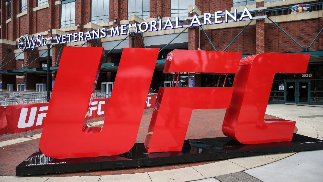 UFC logo outside the arena during a UFC 261 Fan Experience before a mixed martial arts event, Saturday, April 24, 2021.