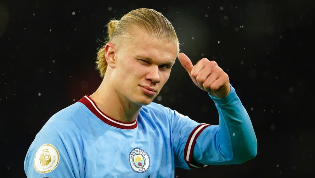Manchester City's Erling Haaland gestures during the English Premier League soccer match between Manchester City and Everton at the Etihad Stadium in Manchester, England, Saturday, Dec. 31, 2022.