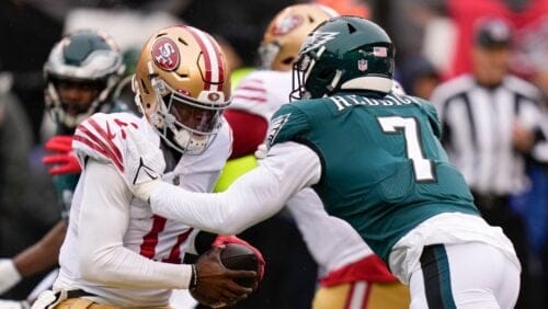 Philadelphia Eagles linebacker Haason Reddick (7) sacks San Francisco 49ers quarterback Josh Johnson during the first half of the NFC Championship NFL football game between the Philadelphia Eagles and the San Francisco 49ers on Sunday, Jan. 29, 2023, in Philadelphia. (AP Photo/Seth Wenig)