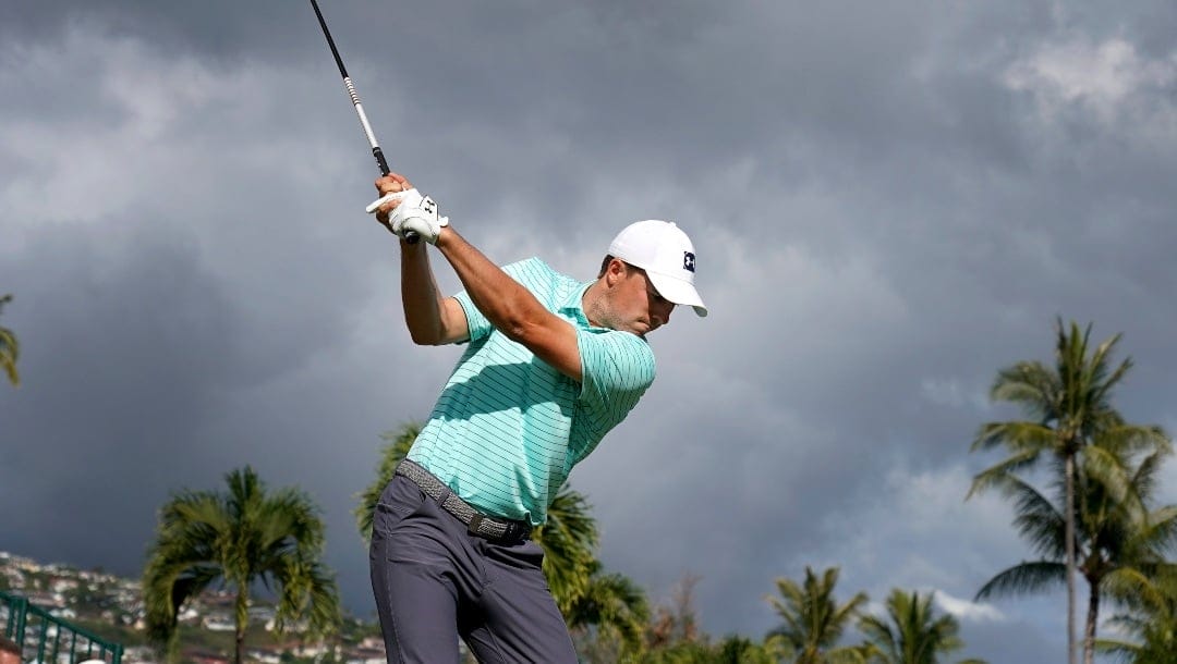 Jordan Spieth hits from the 10th tee during the second round of the Sony Open PGA Tour golf event, Friday, Jan. 11, 2019, at Waialae Country Club in Honolulu. (AP Photo/Matt York)