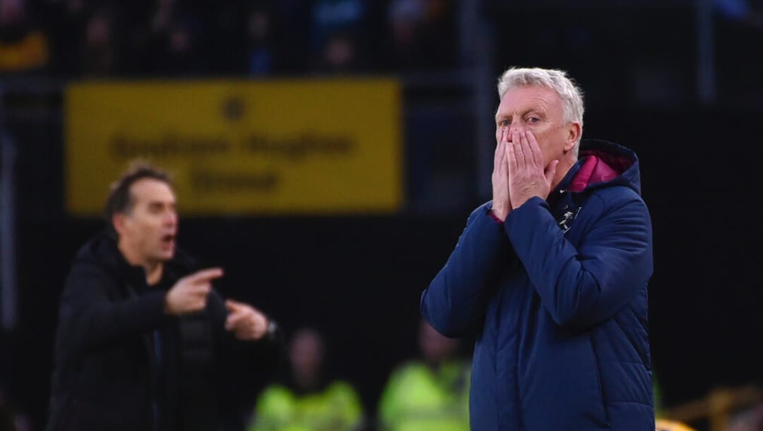 West Ham's manager David Moyes reacts as he watches his team play from the sidelines during the English Premier League soccer match between Wolverhampton Wanderers and West Ham United at Molineux Stadium in Wolverhampton, England, Saturday, Jan. 14, 2023.