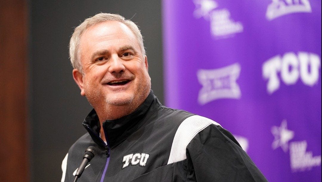 TCU head football coach Sonny Dykes smiles as he speaks to reporters in Fort Worth, Texas, Tuesday, Jan. 3, 2023.