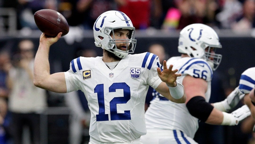 In this Jan. 5, 2019 file photo Indianapolis Colts quarterback Andrew Luck (12) throws against the Houston Texans during the first half of an NFL wild card playoff football game in Houston.