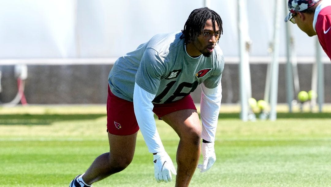 Arizona Cardinals rookie B.J. Ojulari works out during an NFL football mini camp on May 12, 2023, in Tempe, Ariz. The Arizona Cardinals said on Monday, Aug. 7, 2023, that they've activated Ojulari from the physically unable to perform list.