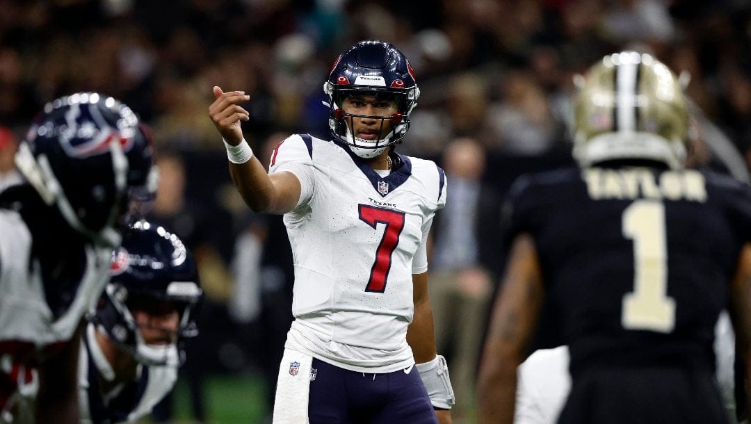 Houston Texans quarterback C.J. Stroud (7) signals a play during the first half of an NFL preseason football game against the New Orleans Saints Monday, Aug. 28, 2023, in New Orleans.