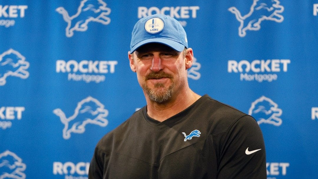 Detroit Lions head coach Dan Campbell talks to the media after an NFL football game against the Chicago Bears, Sunday, Jan. 1, 2023, in Detroit.