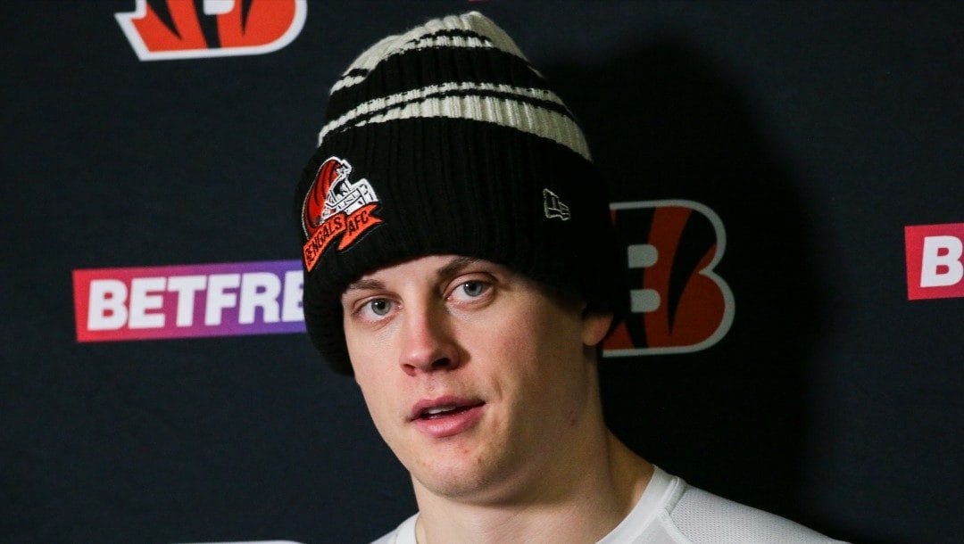 Cincinnati Bengals quarterback Joe Burrow (9) answers questions during a press conference after the Bengals defeated the Buffalo Bills in an NFL division round football game, Sunday, Jan. 22, 2023, in Orchard Park, N.Y.