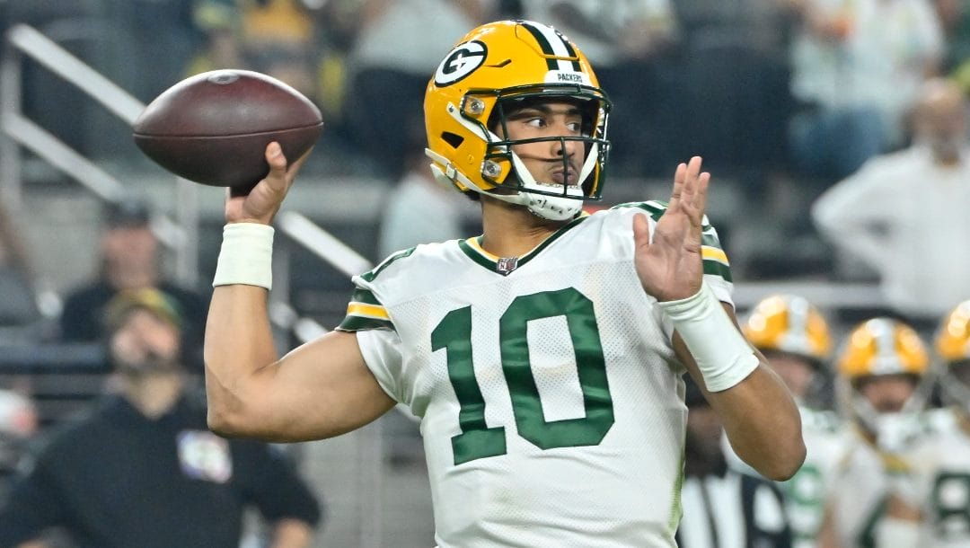 Green Bay Packers' Jordan Love thorws during the second half of an NFL football game against the Las Vegas Raiders Monday, Oct. 9, 2023, in Las Vegas.