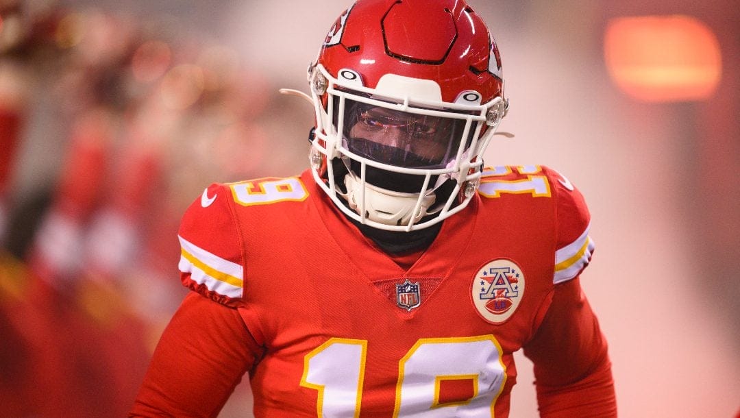 Kansas City Chiefs wide receiver Kadarius Toney comes onto the field during introductions before playing the Cincinnati Bengals in the NFL AFC Championship playoff football game, Sunday, Jan. 29, 2023 in Kansas City, Mo.