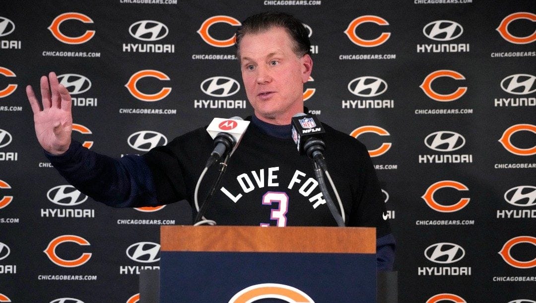 Chicago Bears head coach Matt Eberflus speaks at a news conference in an NFL football game, Sunday, Jan. 8, 2023, in Chicago. The Vikings won 29-13.