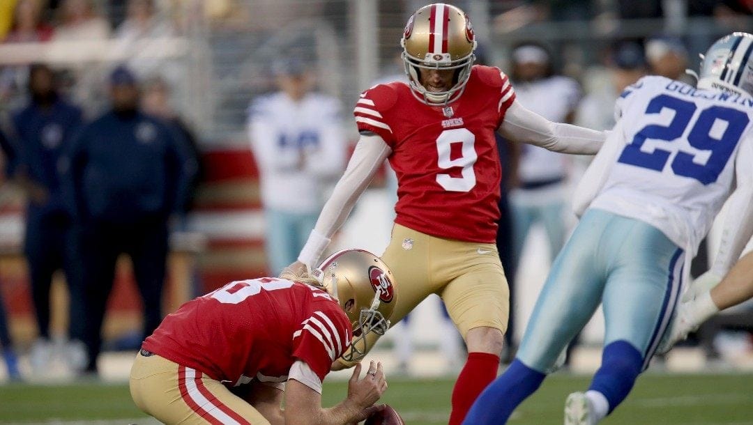 San Francisco 49ers place kicker Robbie Gould (9) kicks during an NFL divisional round playoff football game against the Dallas Cowboys, Sunday, Jan. 22, 2023, in Santa Clara, Calif.