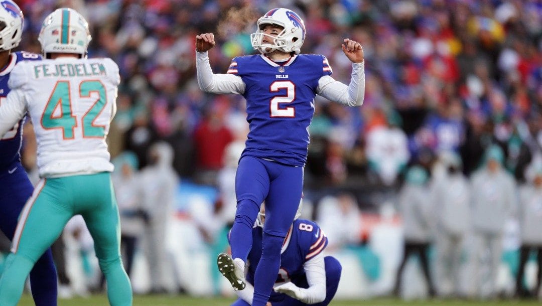 Buffalo Bills' Tyler Bass (2) watches his extra point during the second half of an NFL wild-card playoff football game against the Miami Dolphins, Sunday, Jan. 15, 2023, in Orchard Park, N.Y.