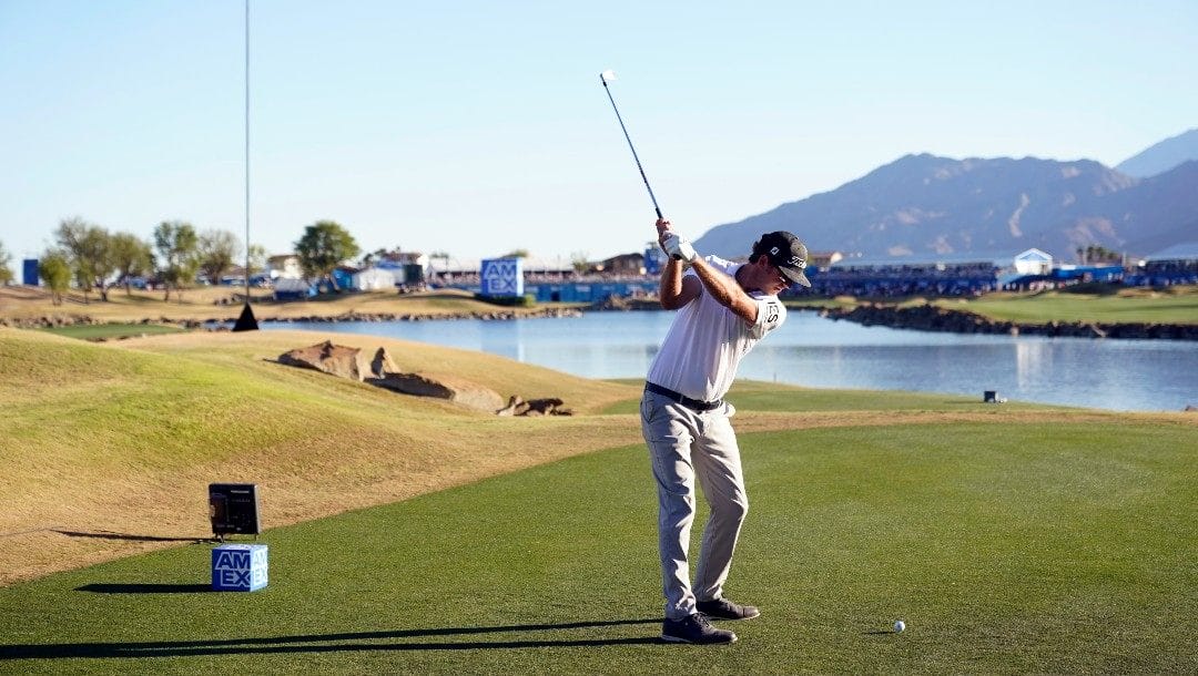 Lanto Griffin waves hits from the 18th tee during the final round of the American Express golf tournament on the Pete Dye Stadium Course at PGA West Sunday, Jan. 23, 2022, in La Quinta, Calif.