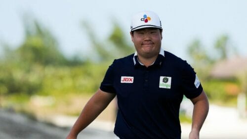 Sungjae Im, of South Korea, smiles after a birdie at the first green during the third round of the Hero World Challenge PGA Tour at the Albany Golf Club, in New Providence, Bahamas, Saturday, Dec. 3, 2022.