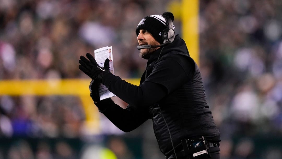 Philadelphia Eagles head coach Nick Sirianni calls for a time out during the first half of an NFL football game against the New York Giants, Sunday, Jan. 8, 2023, in Philadelphia. (AP Photo/Matt Slocum)
