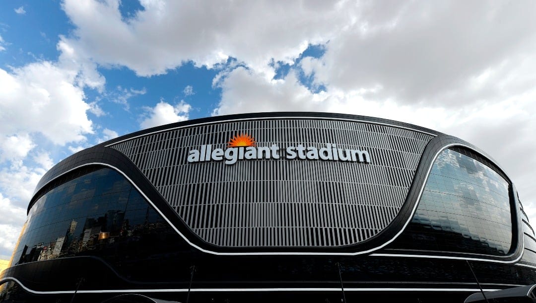 Exterior general view of Allegiant Stadium, home of the NFL Las Vegas Raiders football team, Saturday, Sept. 19, 2020 in Las Vegas. This general view looks west from the east. The stadium is located just west of Interstate I-15 and the Las Vegas Strip. (AP Photo/Jeff Bottari)