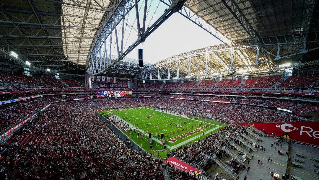 State Farm Stadium during the Arizona Cardinals and New Orleans Saints game during the first half of an NFL football game, Thursday, Oct. 20, 2022, in Glendale, Ariz. (AP Photo/Darryl Webb)