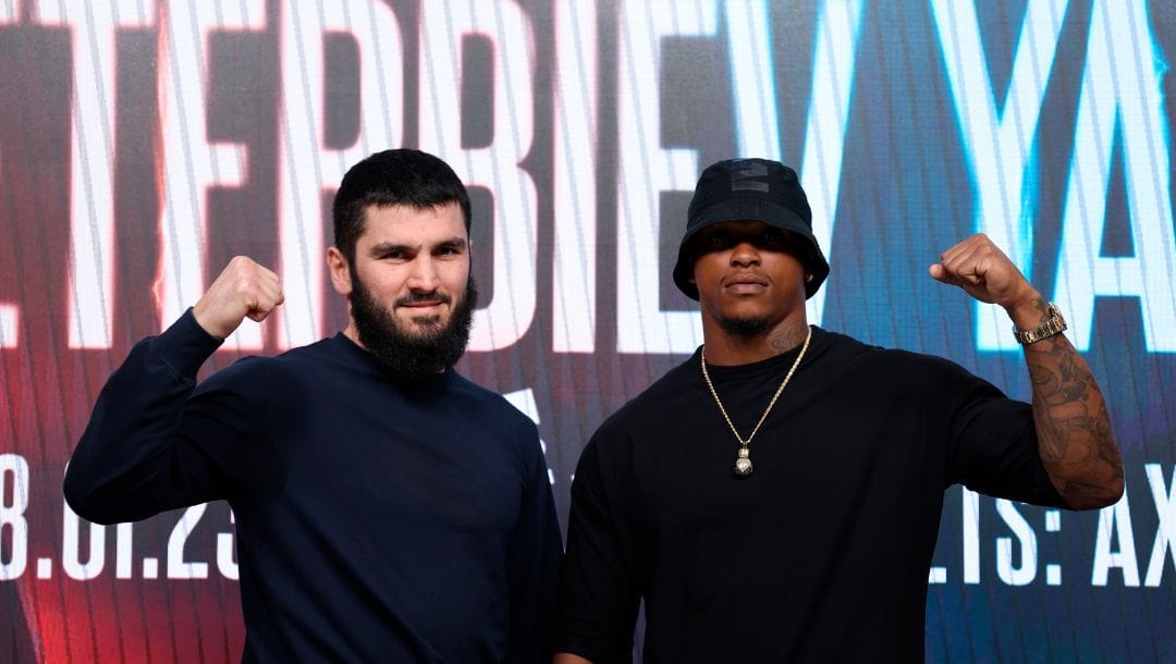 Canadian based boxer and WBC, WBO and IBF light heavyweight world champion Artur Beterbiev, left, will defend his belts.