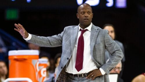 Boston College head coach Earl Grant holds up his hand during an NCAA college basketball game against Notre Dame Saturday, Jan. 21, 2023 in South Bend, Ind.