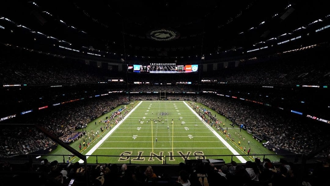 An overall interior general view of the Caesars Superdome in the second half of an NFL football game between the New Orleans Saints and the Atlanta Falcons in New Orleans, Sunday, Dec. 18, 2022. (AP Photo/Gerald Herbert)