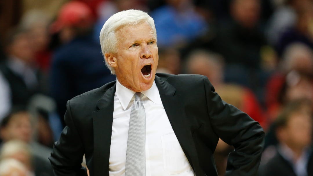 Davidson head coach Bob McKillop reacts while facing North Carolina during the first half of an NCAA college basketball game in Charlotte, N.C., Friday, Dec. 1, 2017. Longtime Davidson coach Bob McKillop is retiring, ending a run that included coaching NBA star Stephen Curry with the Wildcats and ranking among the Division I men’s basketball’s winningest active coaches. McKillop announced his retirement Friday, June 17, 2022, at a campus news conference, effective at the end of the month.