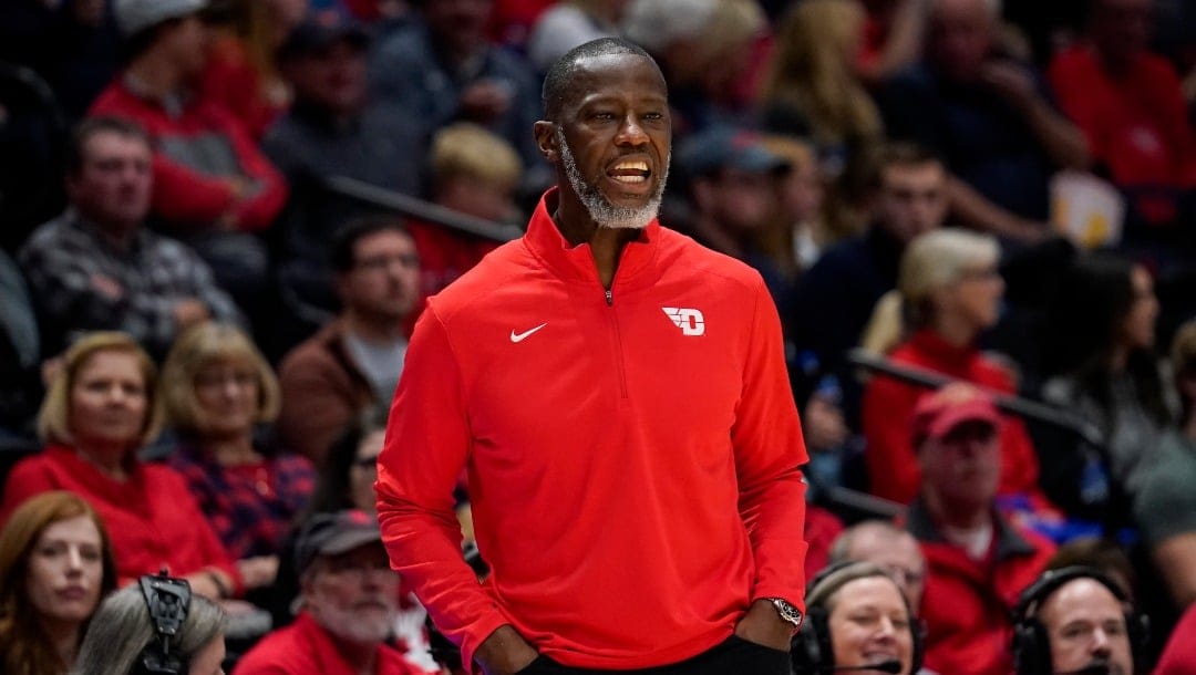 Dayton coach Anthony Grant shouts from the sideline during the second half of the team's NCAA college basketball game against Lindenwood, Monday, Nov. 7, 2022, in Dayton, Ohio.