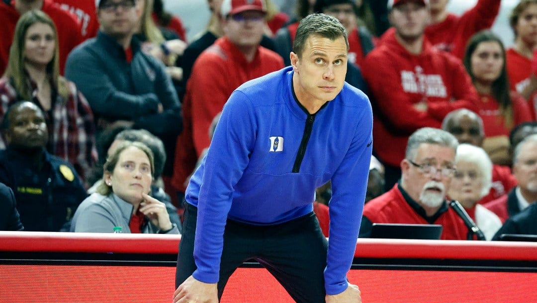 Duke head coach Jon Scheyer watches from the sideline against North Carolina State during the first half of an NCAA college basketball game in Raleigh, N.C., Wednesday, Jan. 4, 2023.