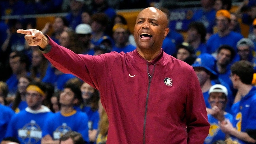 Florida State head coach Leonard Hamilton gives instructions during the first half of an NCAA college basketball game against Pittsburgh in Pittsburgh, Saturday, Jan. 21, 2023. Florida State won 71-64.
