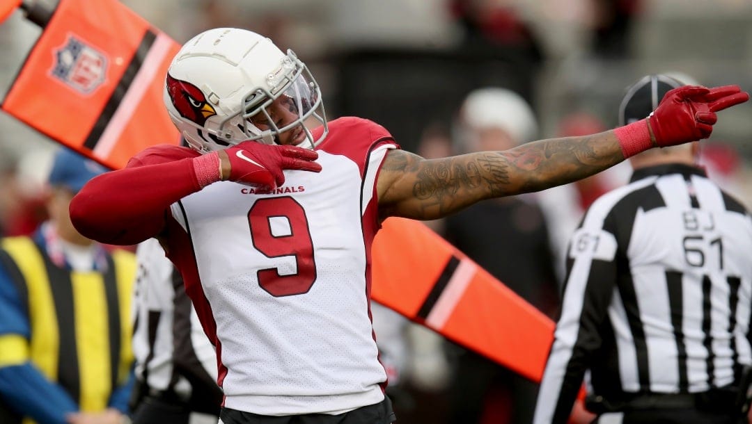 Arizona Cardinals linebacker Isaiah Simmons (9) reacts after a stop during an NFL football game against the San Francisco 49ers, Sunday, Jan.8, 2023, in Santa Clara, Calif. (AP Photo/Scot Tucker)