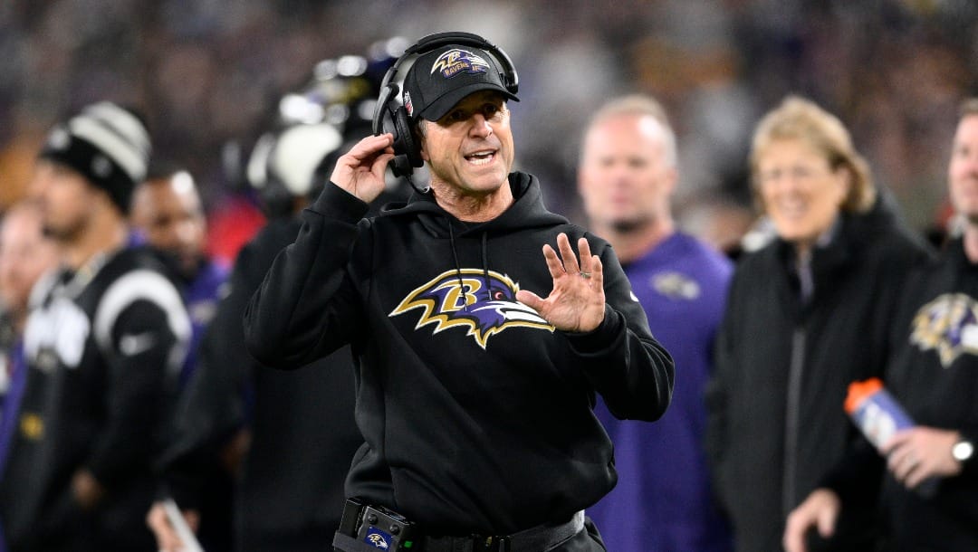 Baltimore Ravens head coach John Harbaugh in action during the first half of an NFL football game against the Pittsburgh Steelers, Sunday, Jan. 1, 2023, in Baltimore. (AP Photo/Nick Wass)