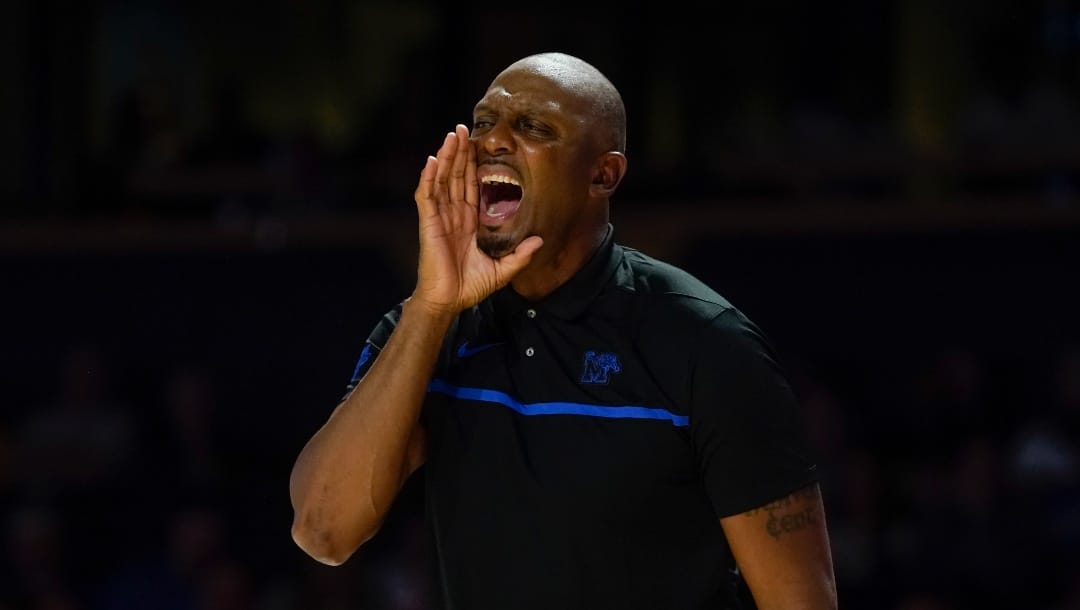 Memphis head coach Penny Hardaway yells to his players in the second half of an NCAA college basketball game against Vanderbilt Monday, Nov. 7, 2022, in Nashville, Tenn. (