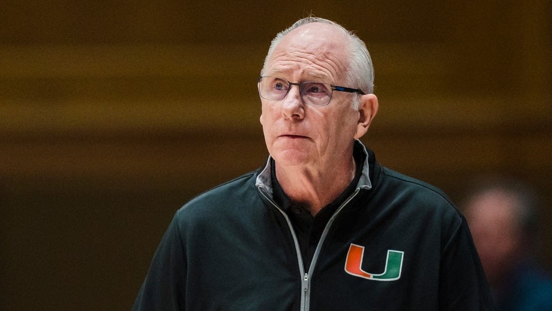 Miami head coach Jim Larrañaga looks on in the first half of an NCAA college basketball game against Duke on Saturday, Jan. 21, 2023, in Durham, N.C.